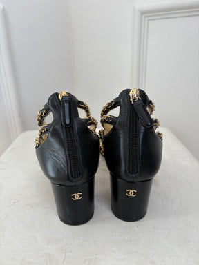 Chanel Block Heel Gold Chain Sandal In Black, 41