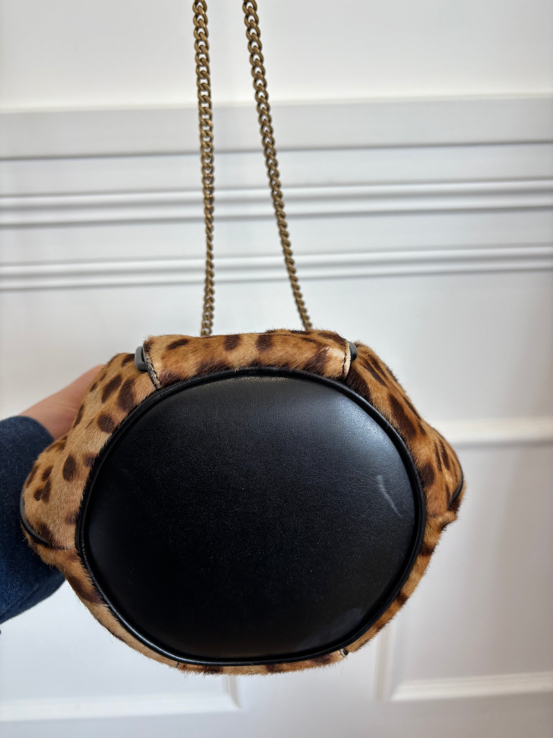 Saint Laurent Leopard Pony Hair and Black Leather Bucket Bag