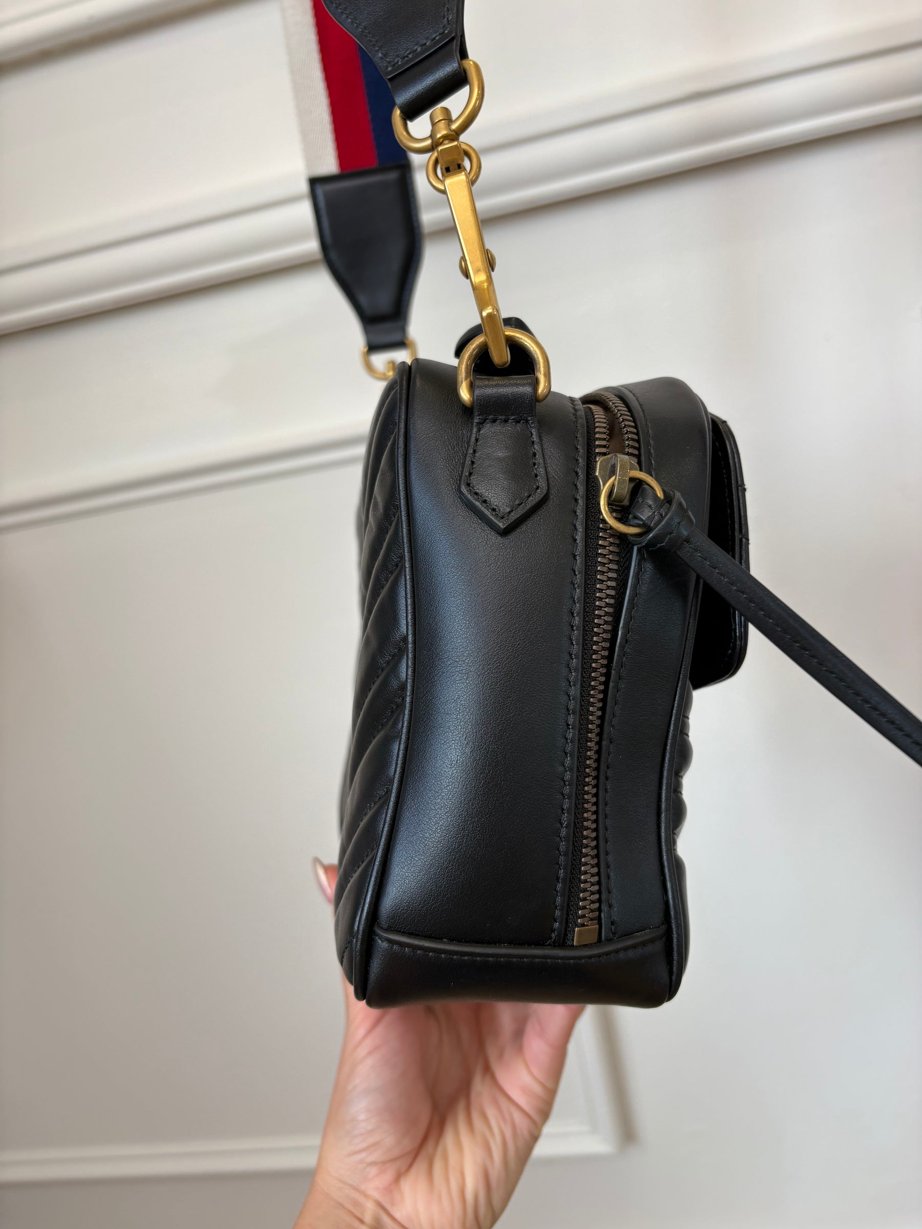 Gucci Black Chevron Leather Marmont Top Handle Satchel Bag