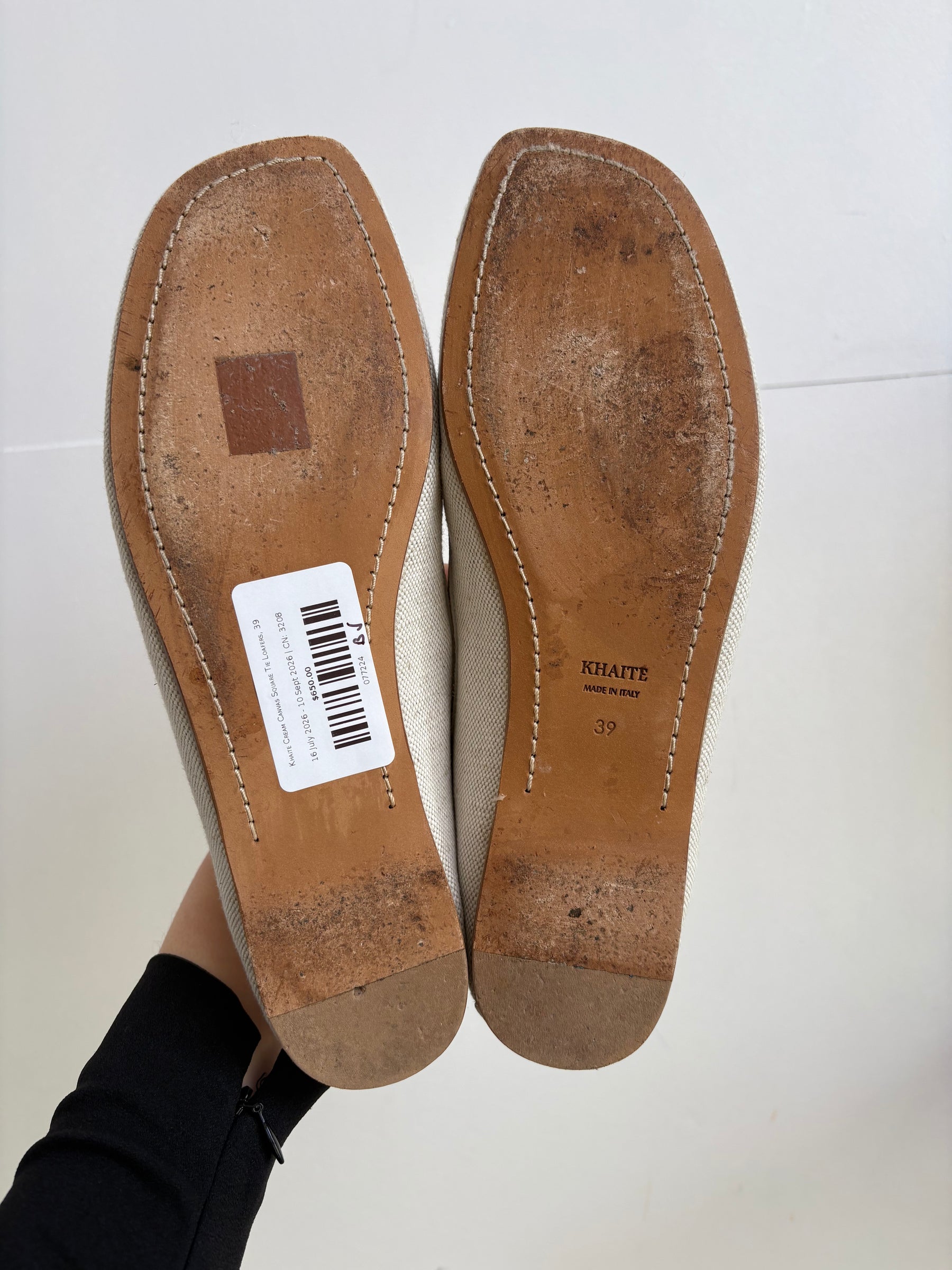 Khaite Cream Canvas Square Tie Loafers, 39