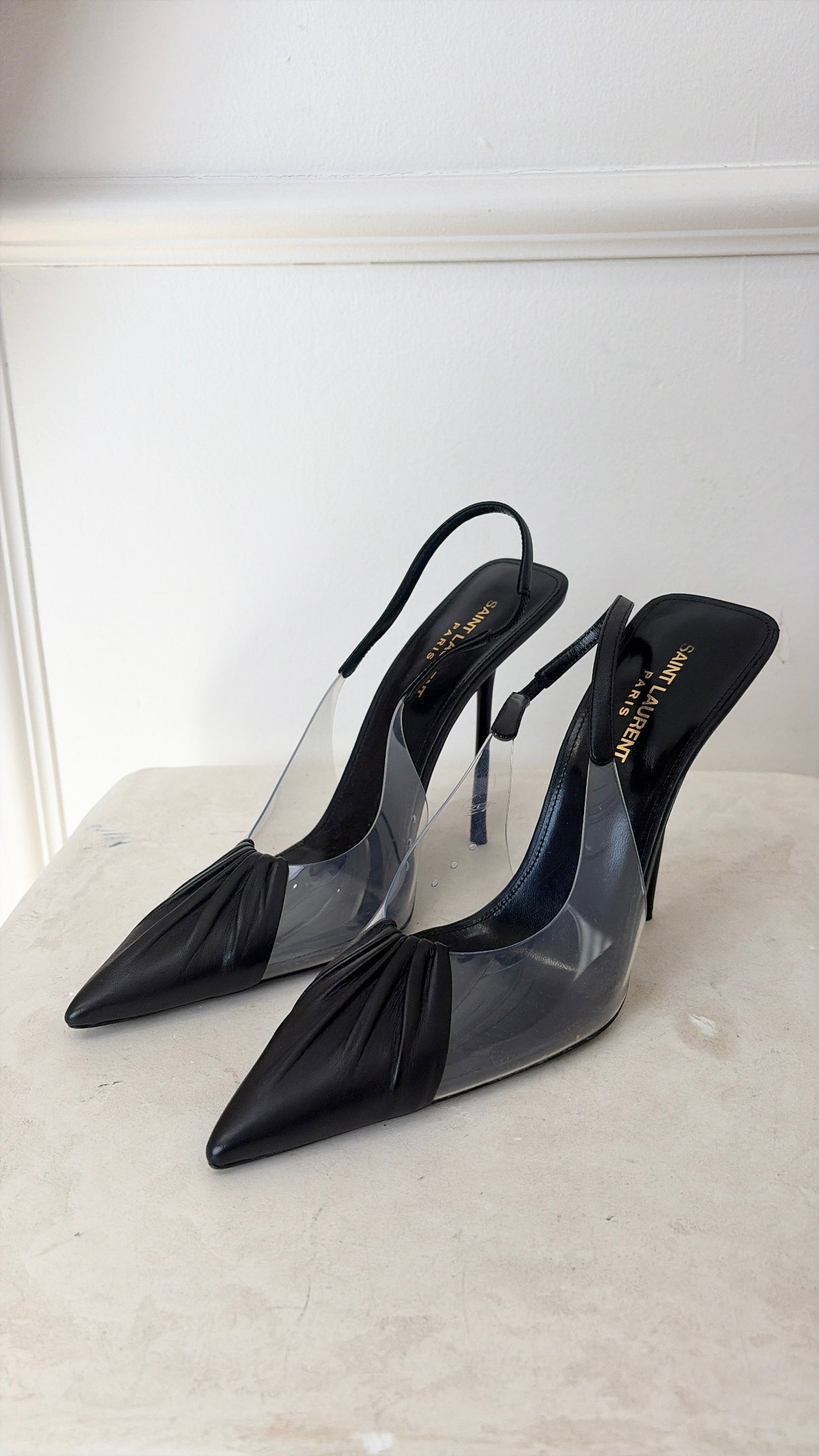 Saint Laurent Black Leather and PVC Slungback Pumps, 40