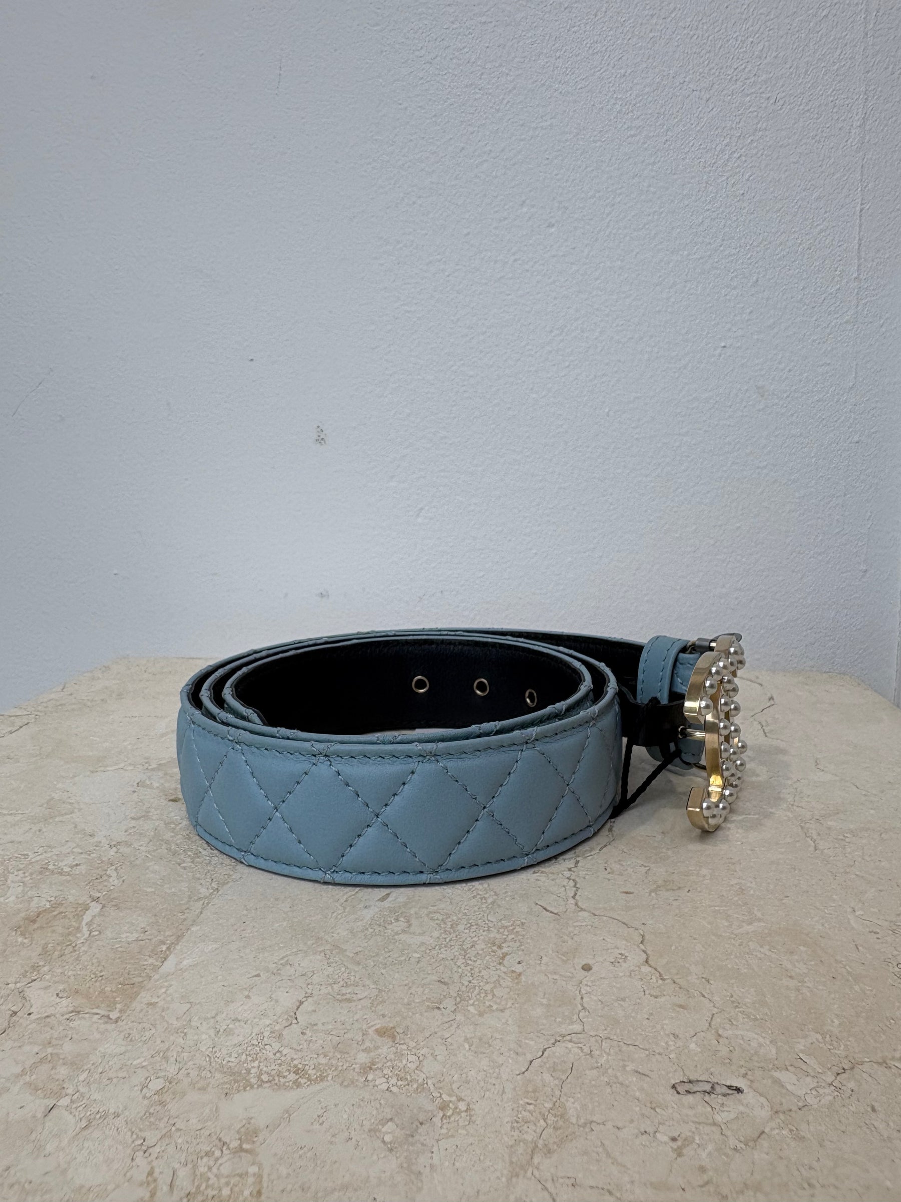 Chanel Blue Quilted Leather Pearl Logo Buckle Belt, 75
