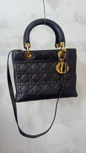 Dior Black Cannage Leather Medium Lady Dior With Gold Hardware