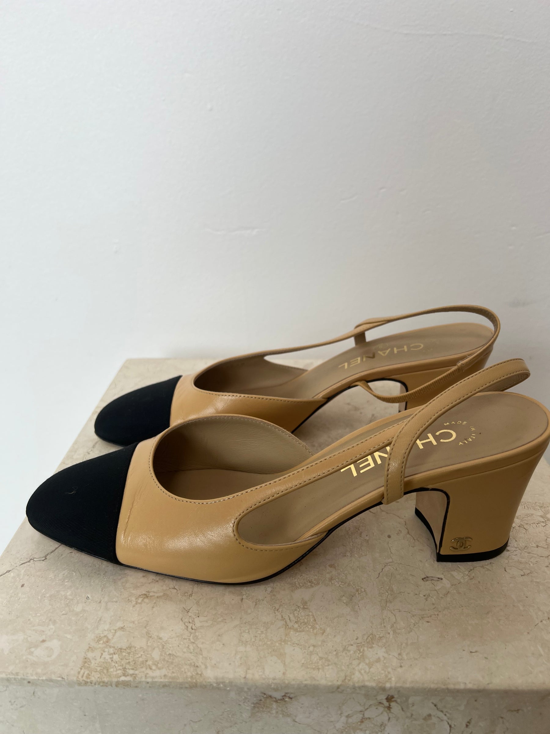 Chanel Beige And Black Sling Back Heels, 39 C