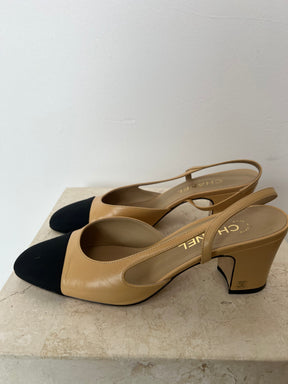 Chanel Beige And Black Sling Back Heels, 39 C