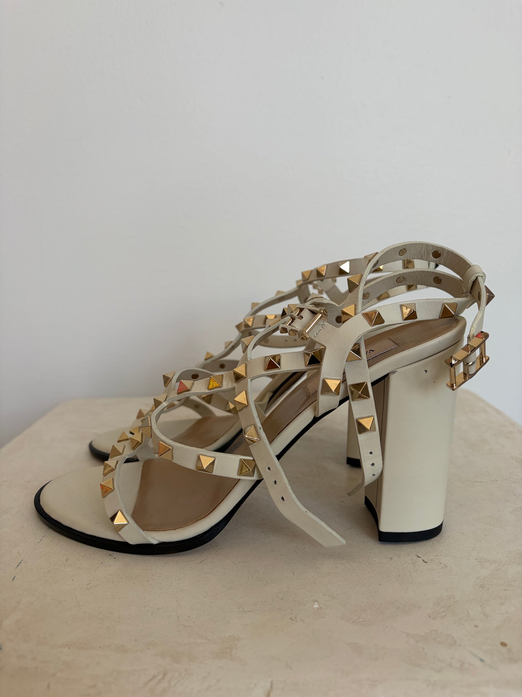 Valentino Block Heel Garavanie Cage Sandals In Cream, 40.5