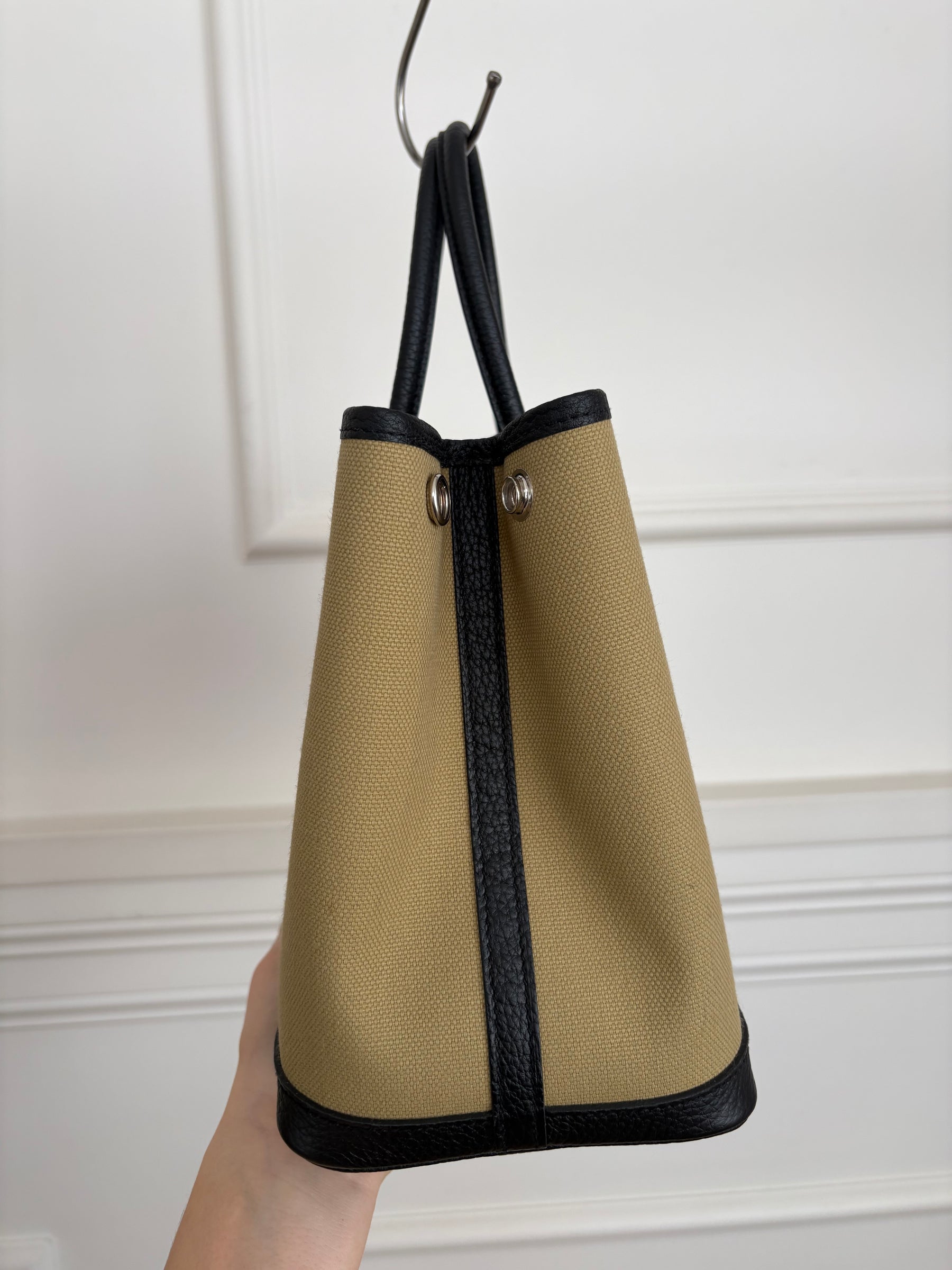 Hermès Garden Party 30 in 'Poussiere' Canvas and Noir Leather