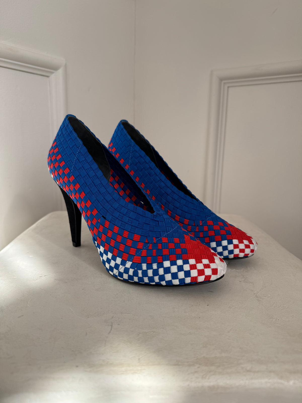 Alexander Wang Blue Red and White Woven Heels, 38.5
