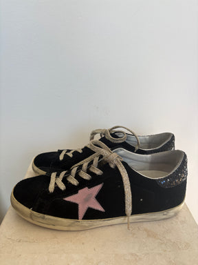 Golden Goose Black Suede Superstar Sneakers with Pink Star, 41
