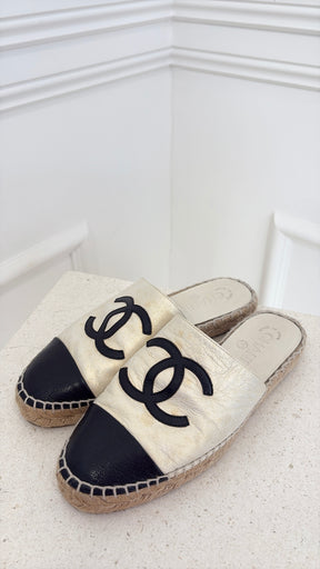 Chanel Cream Irredescent With Black Espadrille Mules, 36