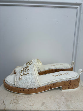 Chanel Tweed Logo Mules White, 38.5