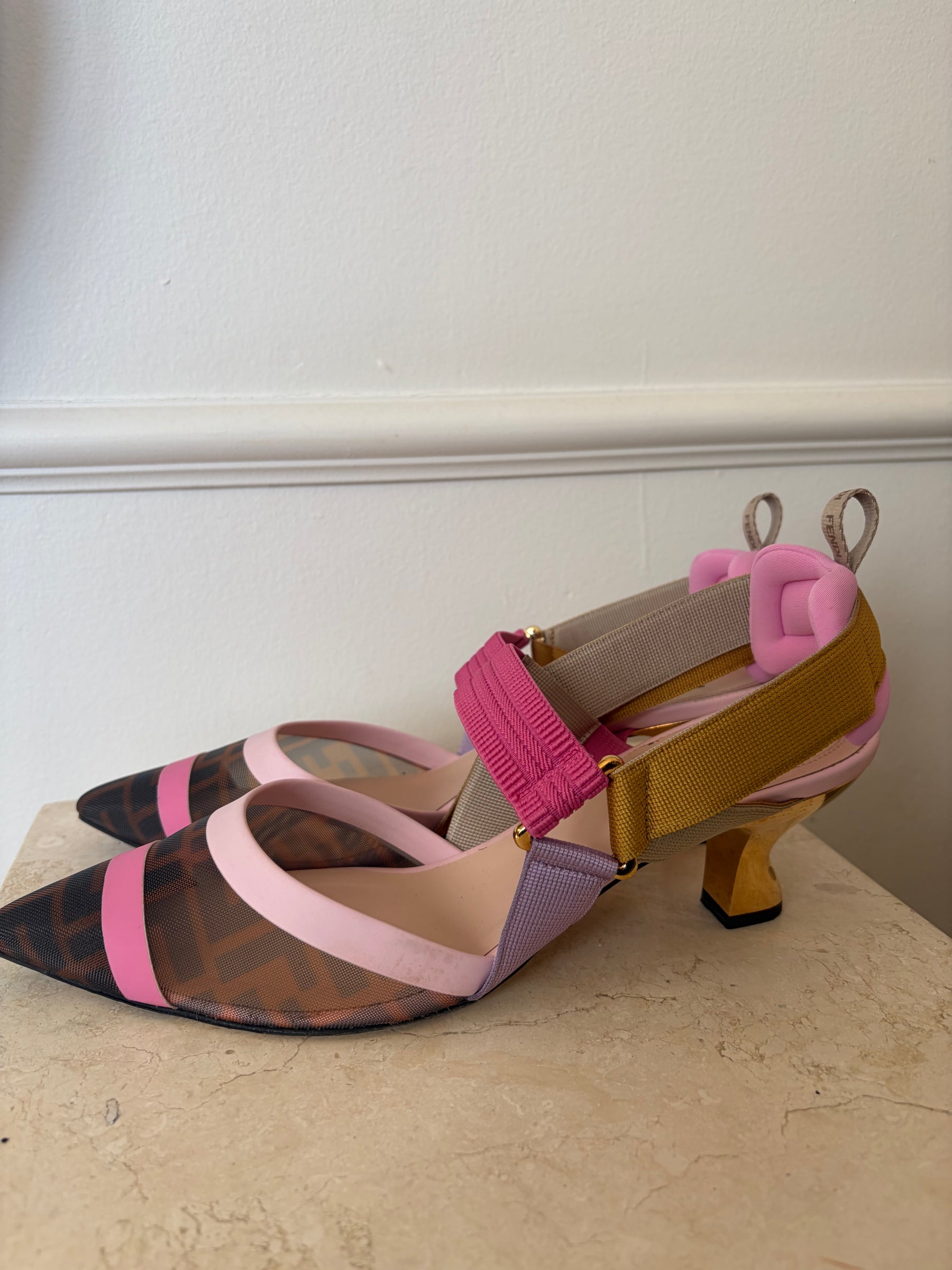 Fendi Brown monogram and Pastel Colibri Slingback Heels, 40