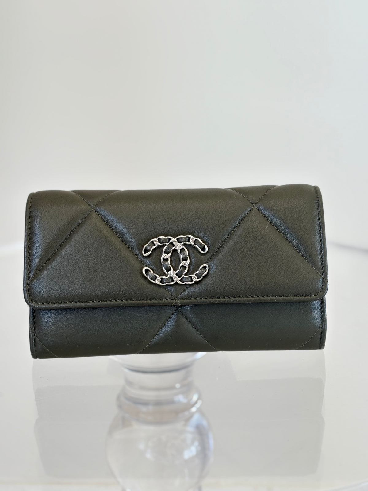 Chanel Khaki Leather 19 Flap Wallet