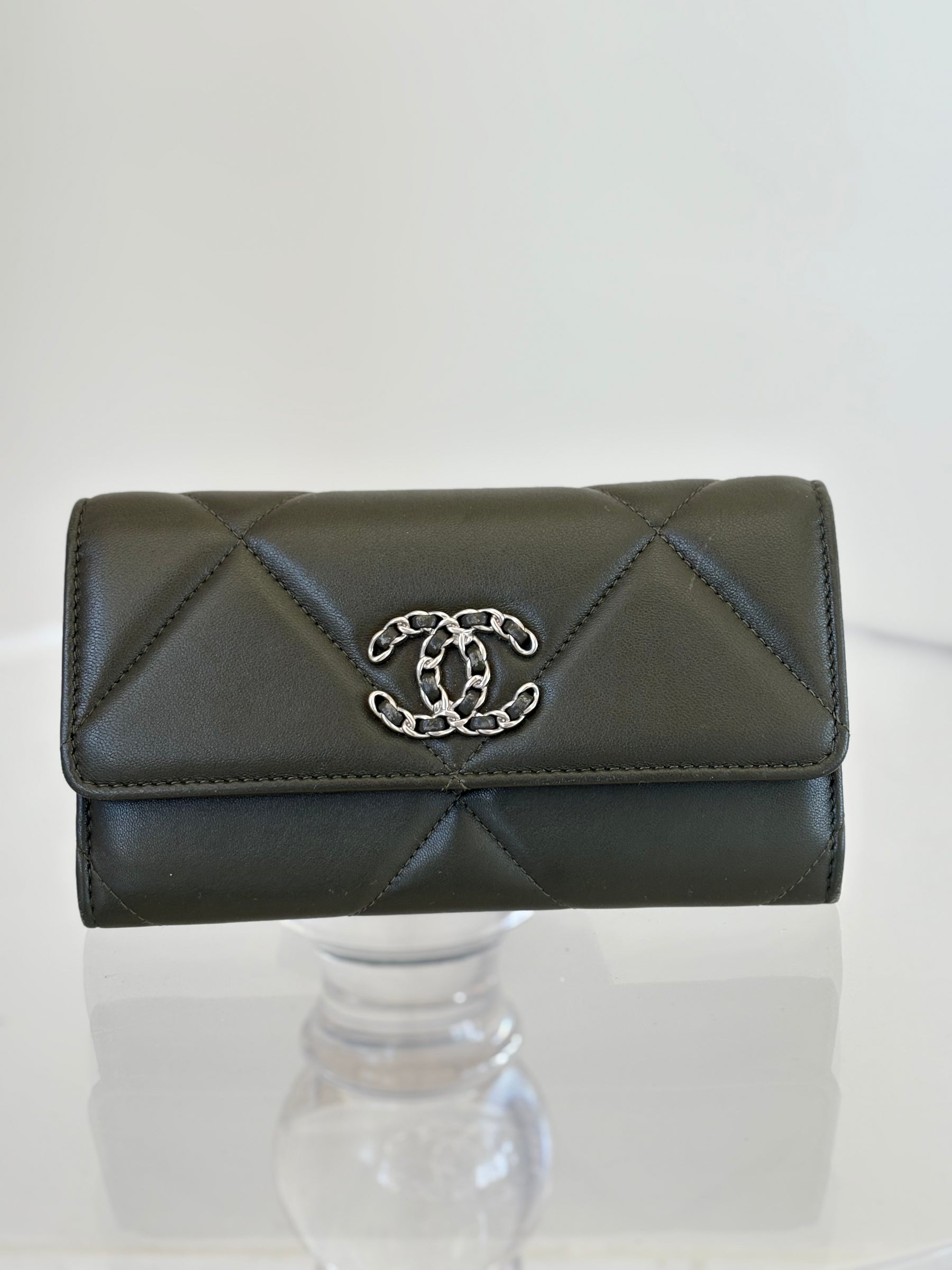 Chanel Khaki Leather 19 Flap Wallet
