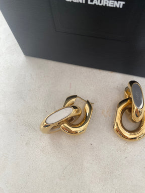 Saint Laurent Gold and Silver Chain Duo Link Drop Logo Earrings, M