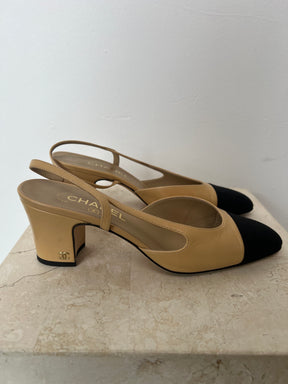 Chanel Beige And Black Sling Back Heels, 39 C