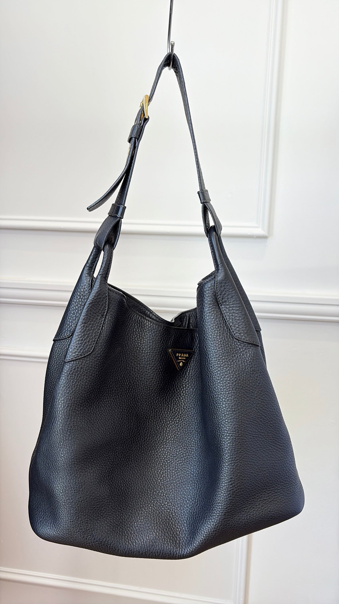 Prada Grained Leather Hobo Bag Black