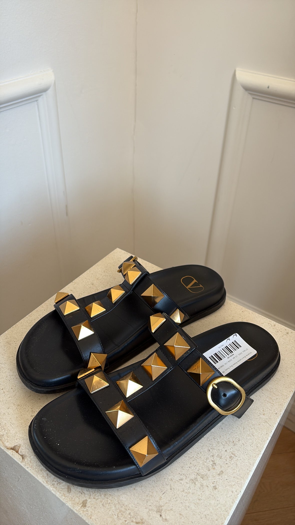 Valentino Black Leather Roman Stud Slides, 39