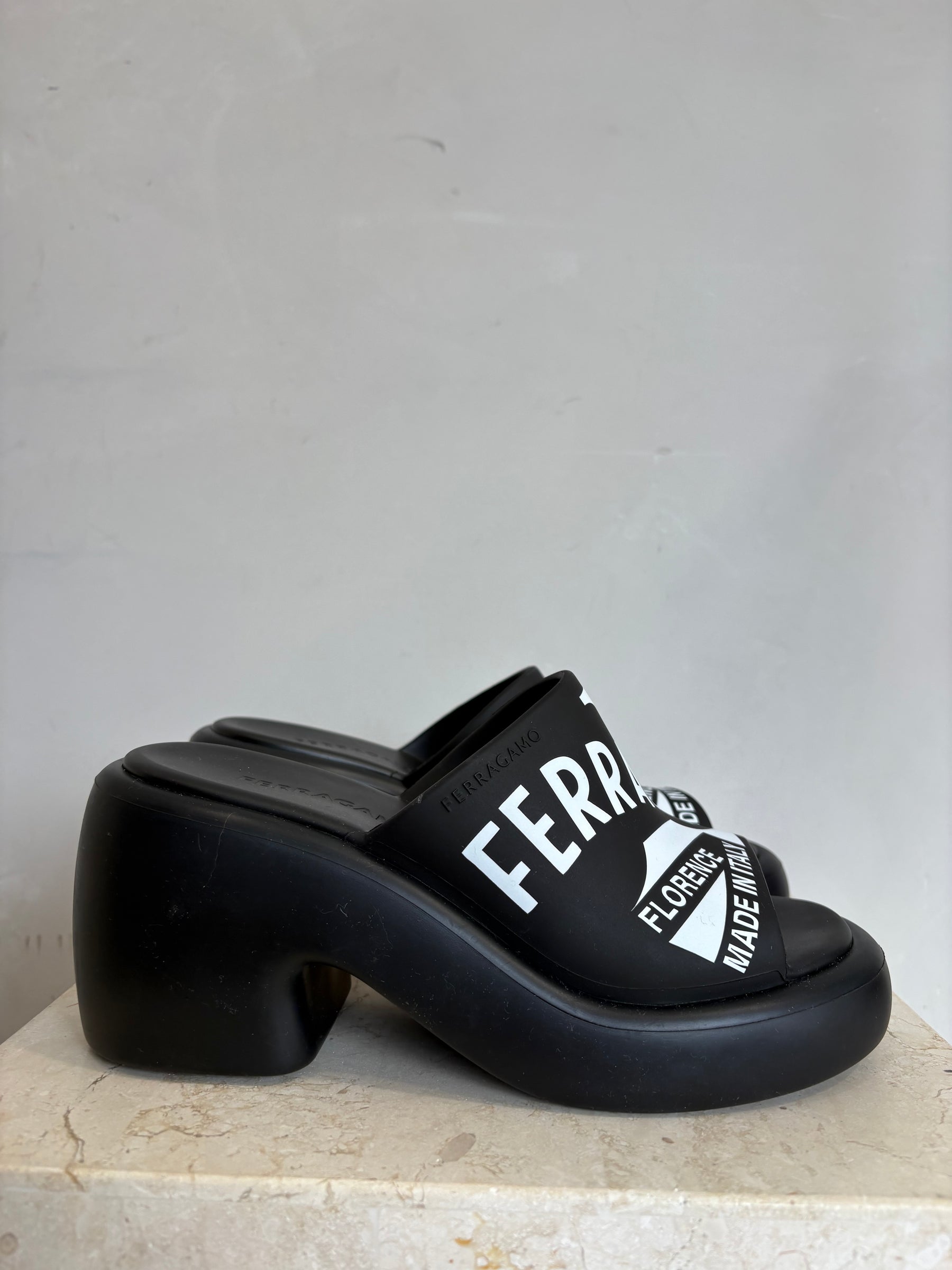 Ferragamo Black Rubber Mules, 7M