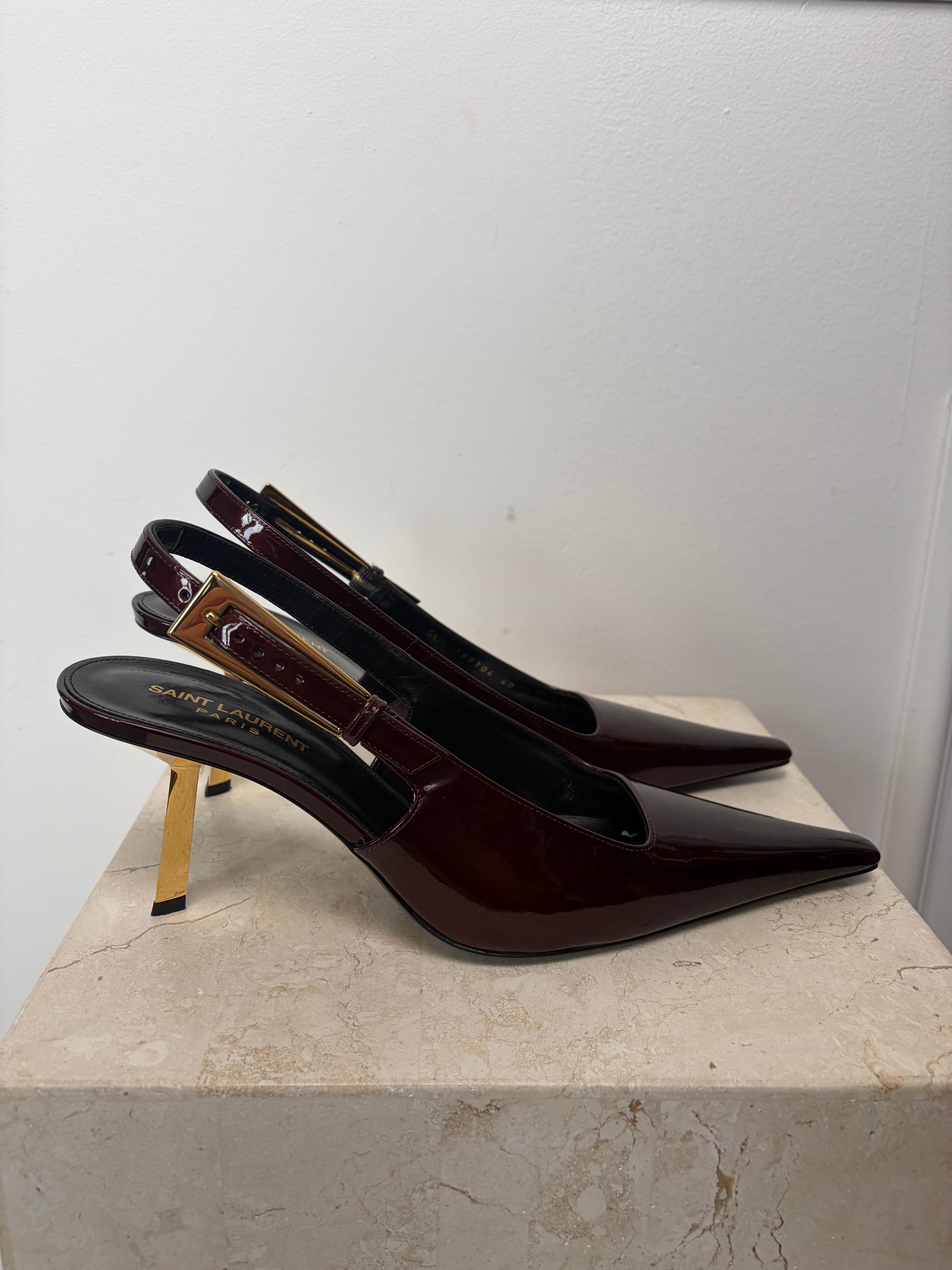Saint Laurent Deep Burgundy Patent Slingback Pumps, 40