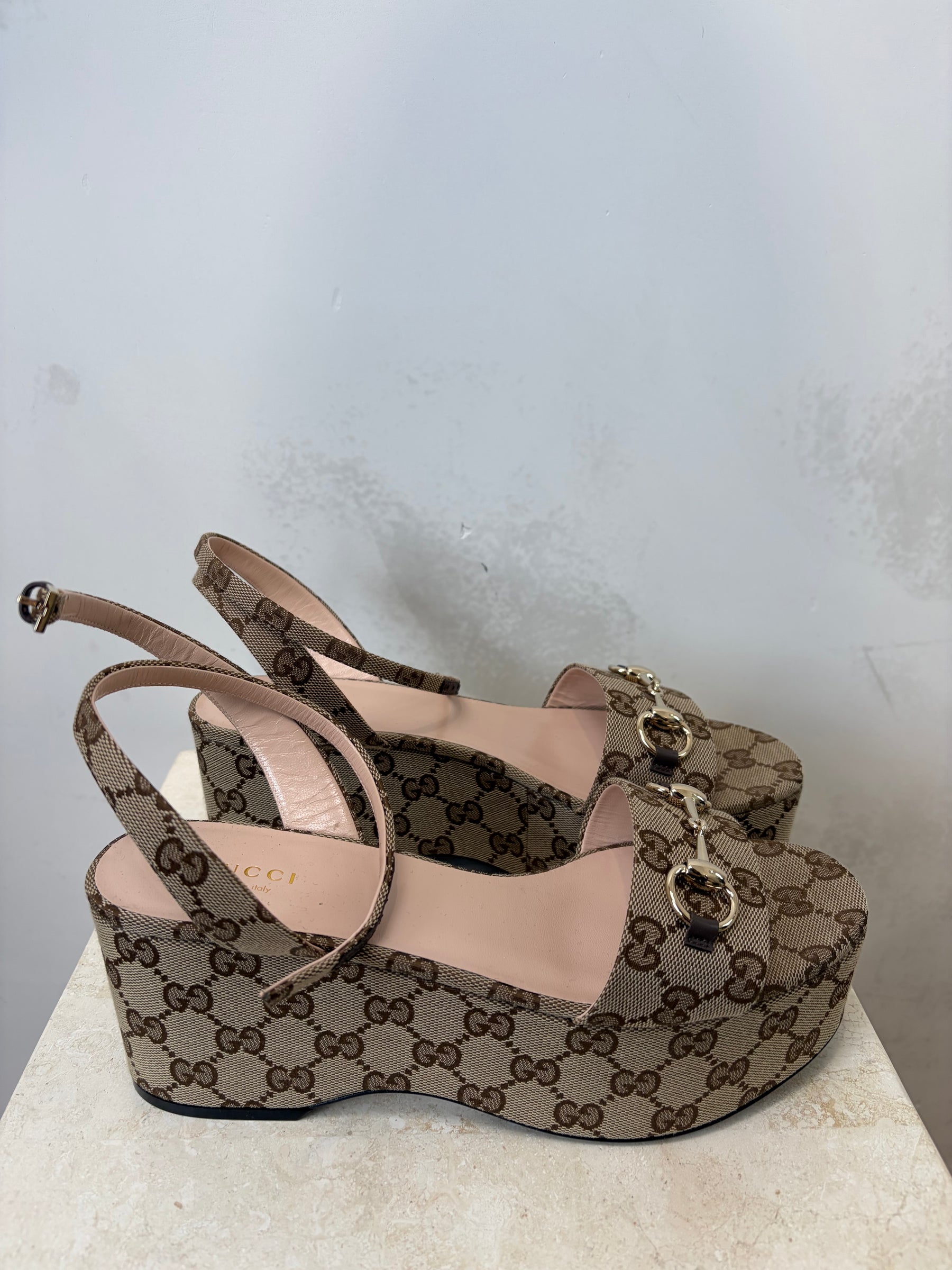 Gucci Canvas Monogram Platform Wedges, 38