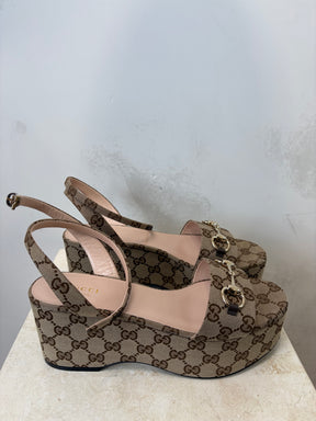 Gucci Canvas Monogram Platform Wedges, 38