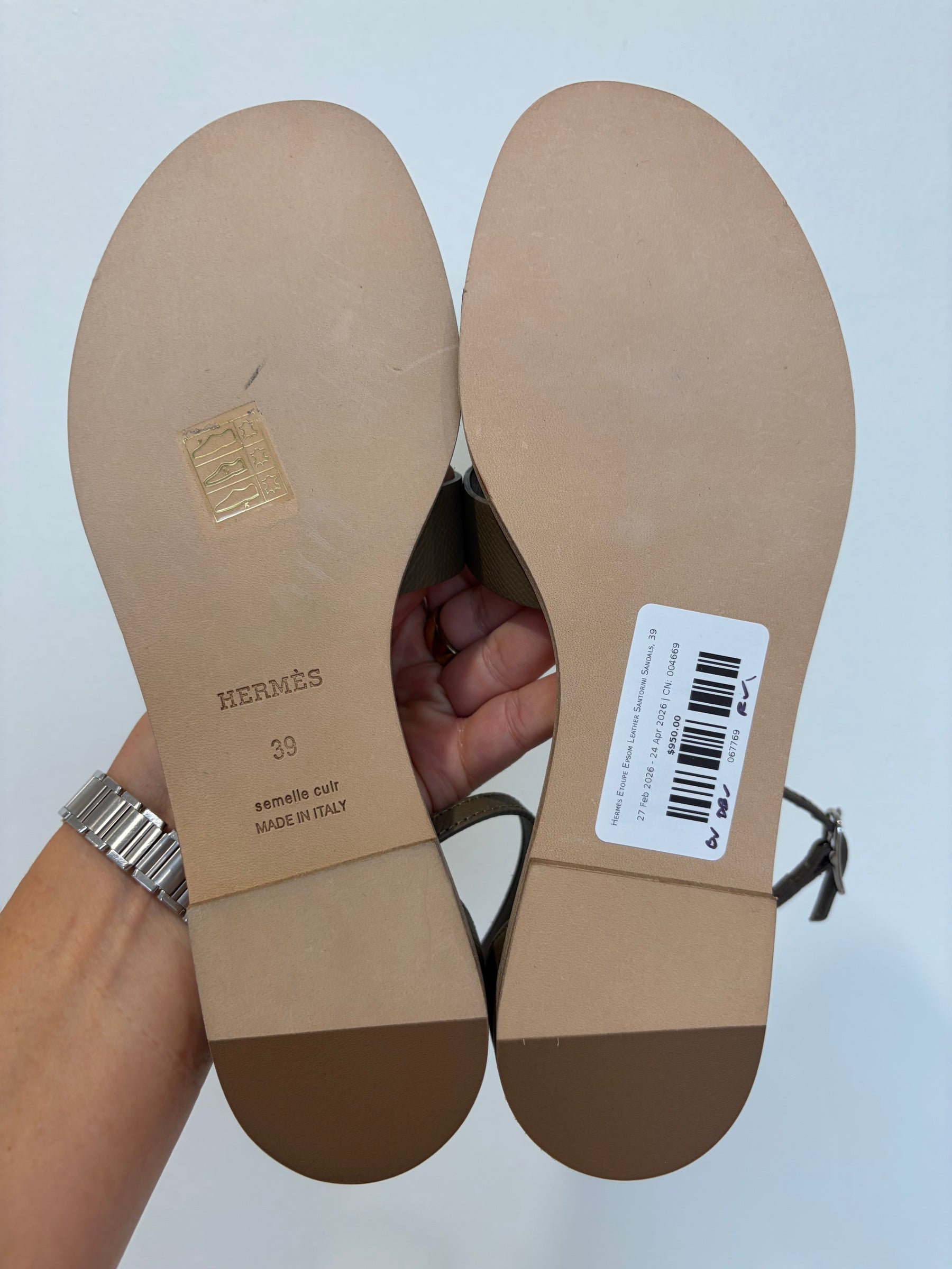 Hermès Etoupe Epsom Leather Santorini Sandals, 39