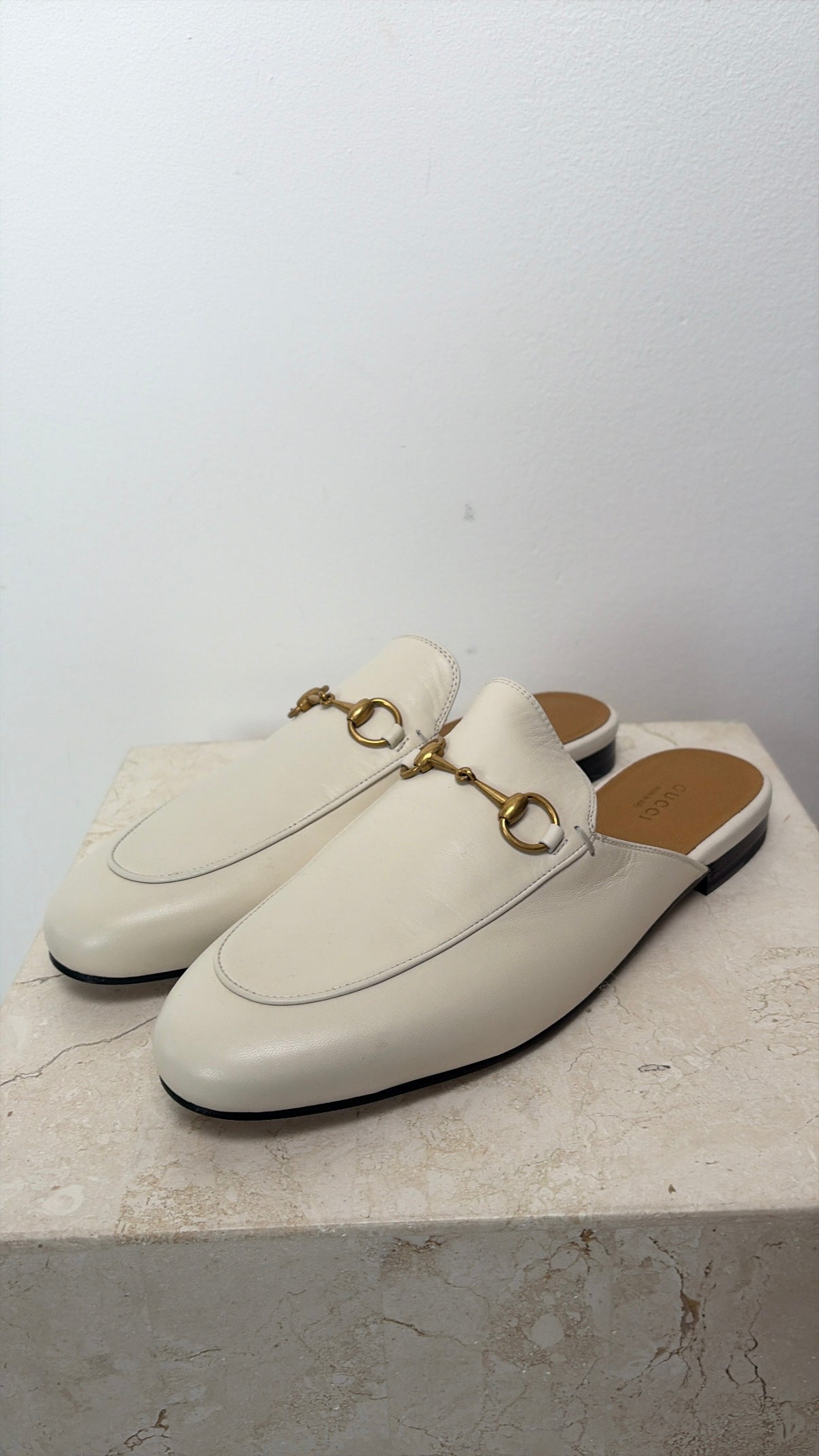Gucci White Leather Princeton Mules, 39.5