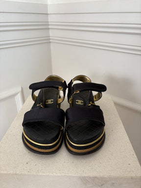 Chanel Black Satin Strappy Platform Sandal, 38.5 C