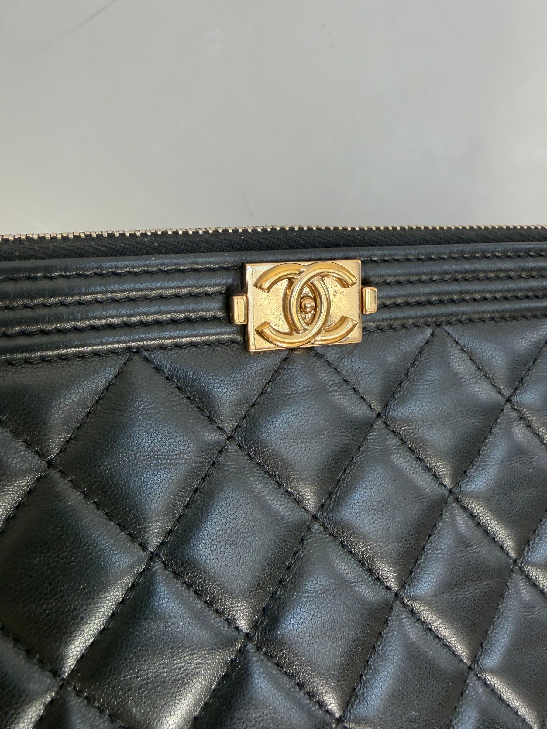Chanel Black Quilted Leather Medium Boy Pouch