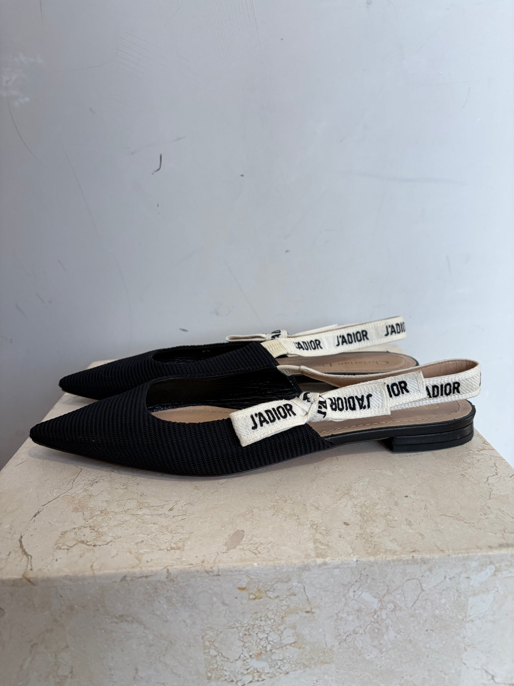 Dior Black Technical Pointed J'adior Slingback Flats, 39