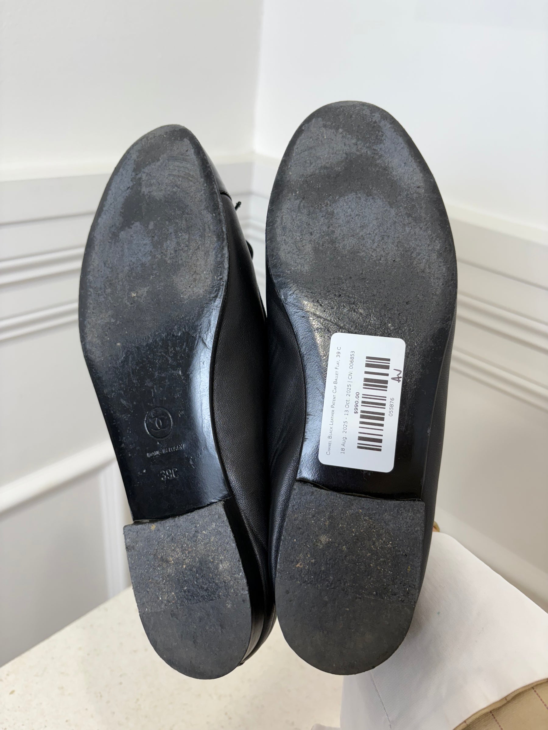 Chanel Black Leather Patent Cap Ballet Flat, 39 C