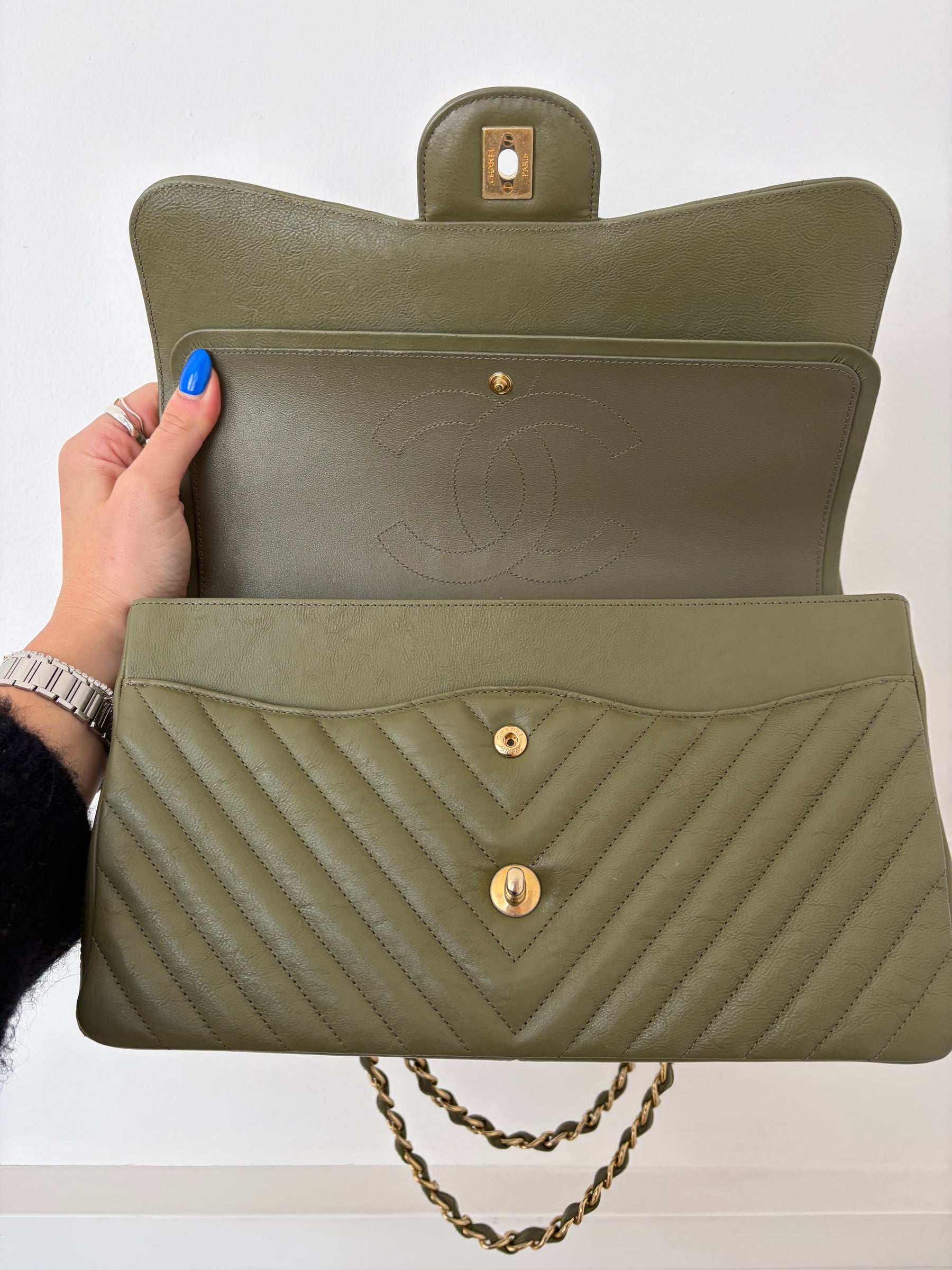 Chanel Khaki Chevron Quilted Leather Jumbo Double Flap