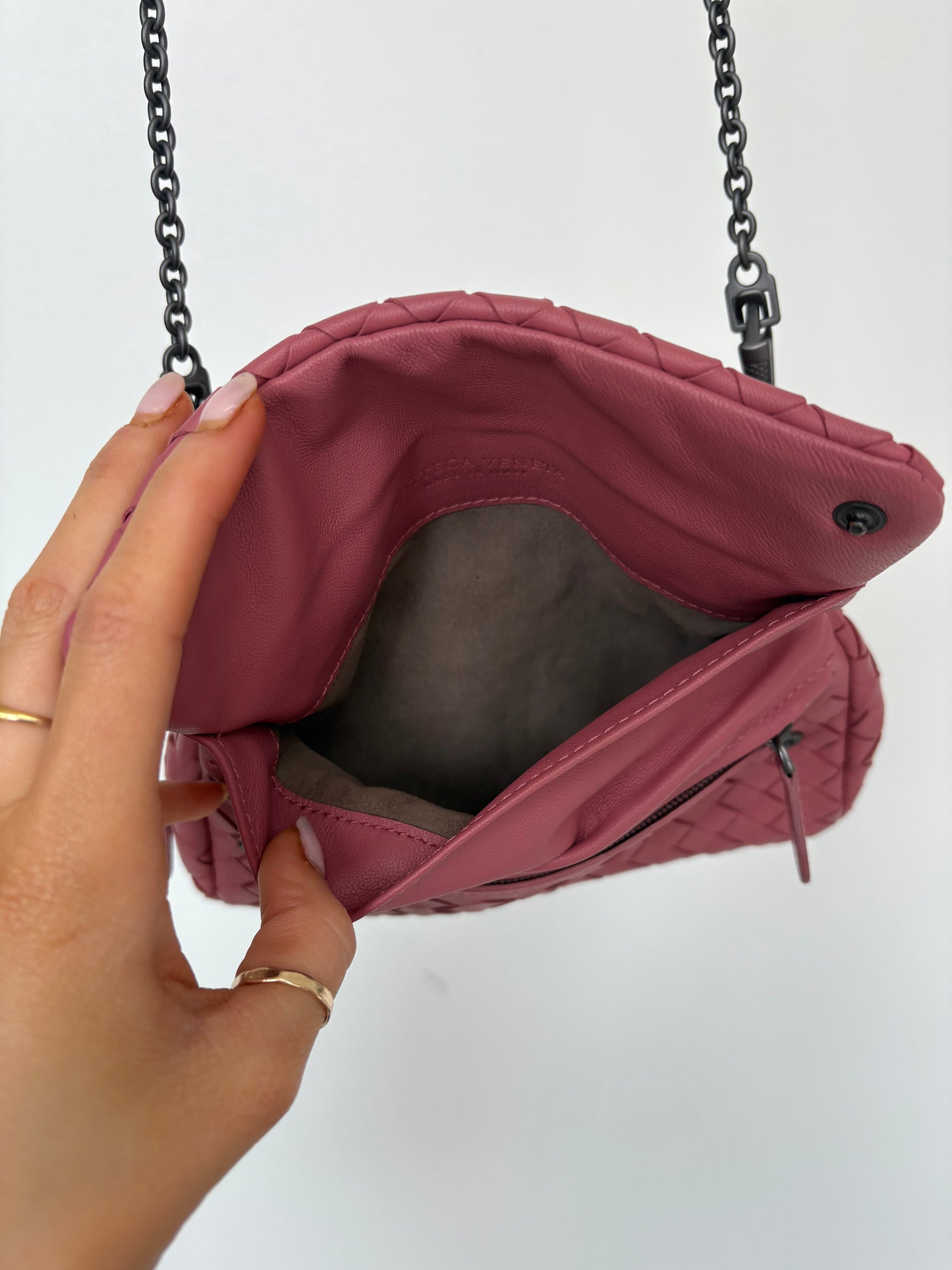 Bottega Veneta Musk Pink Intrecciato Leather Chain Flap Bag