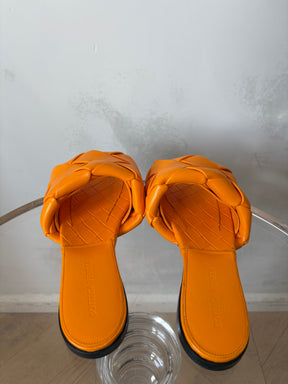 Bottega Veneta Orange Woven Lido Slides, 38