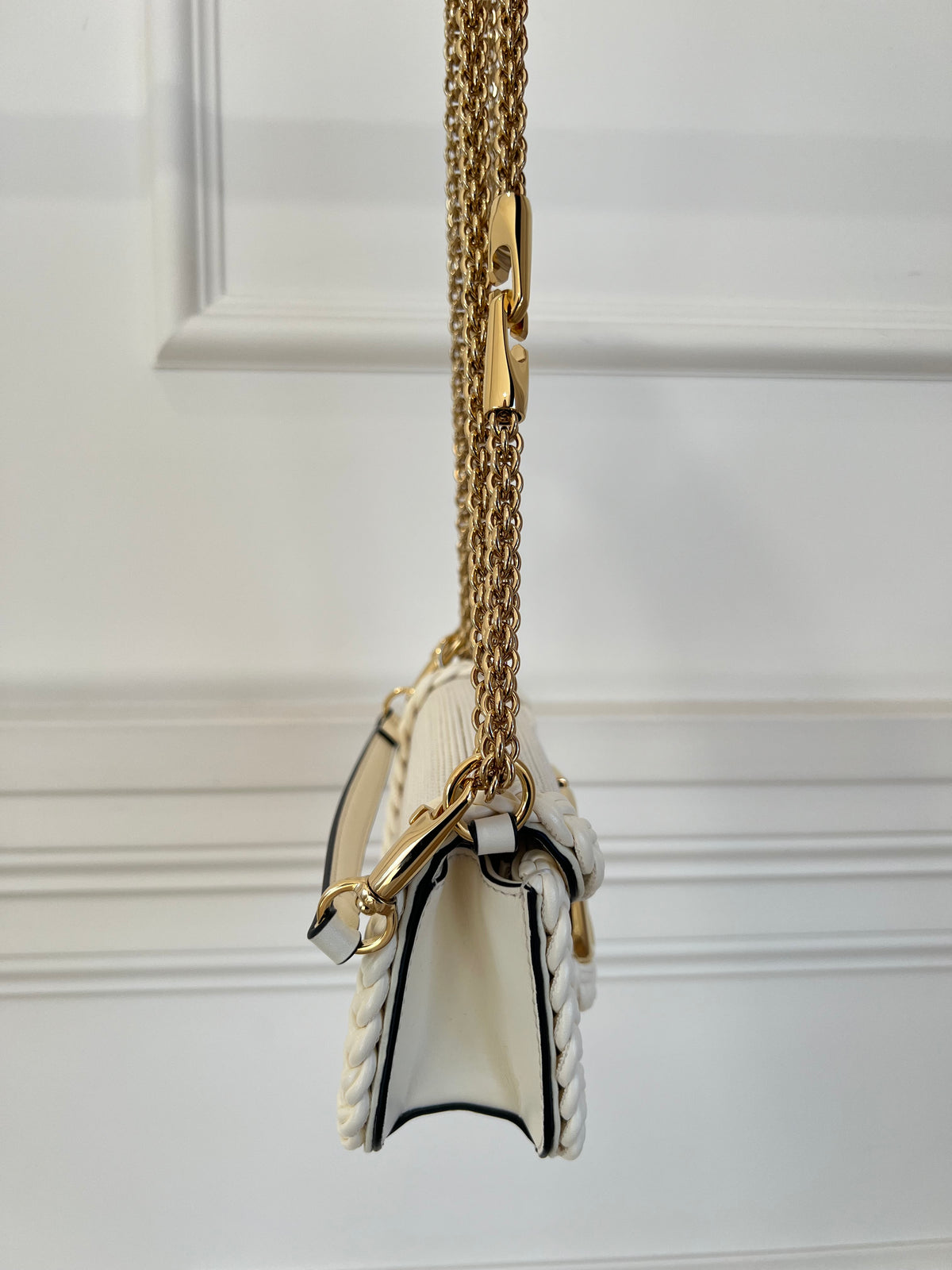 Valentino Garavani Cream Canvas Braided Leather Trim V Logo Bag