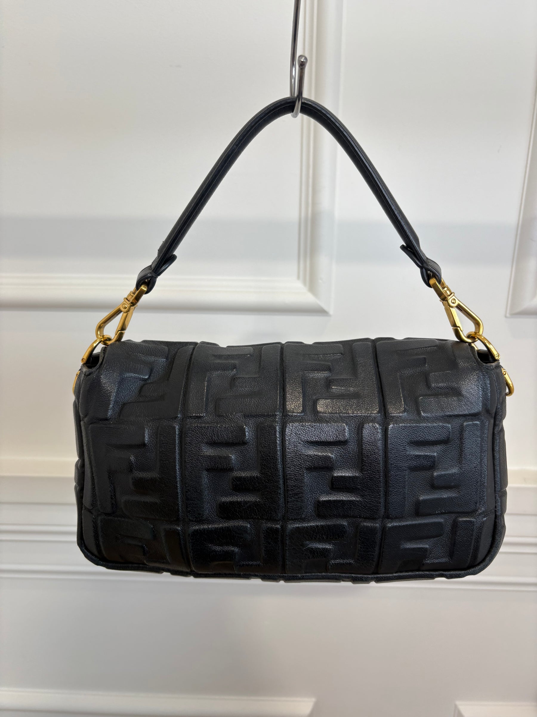 Fendi Black Leather Debossed Monogram Baguette Bag