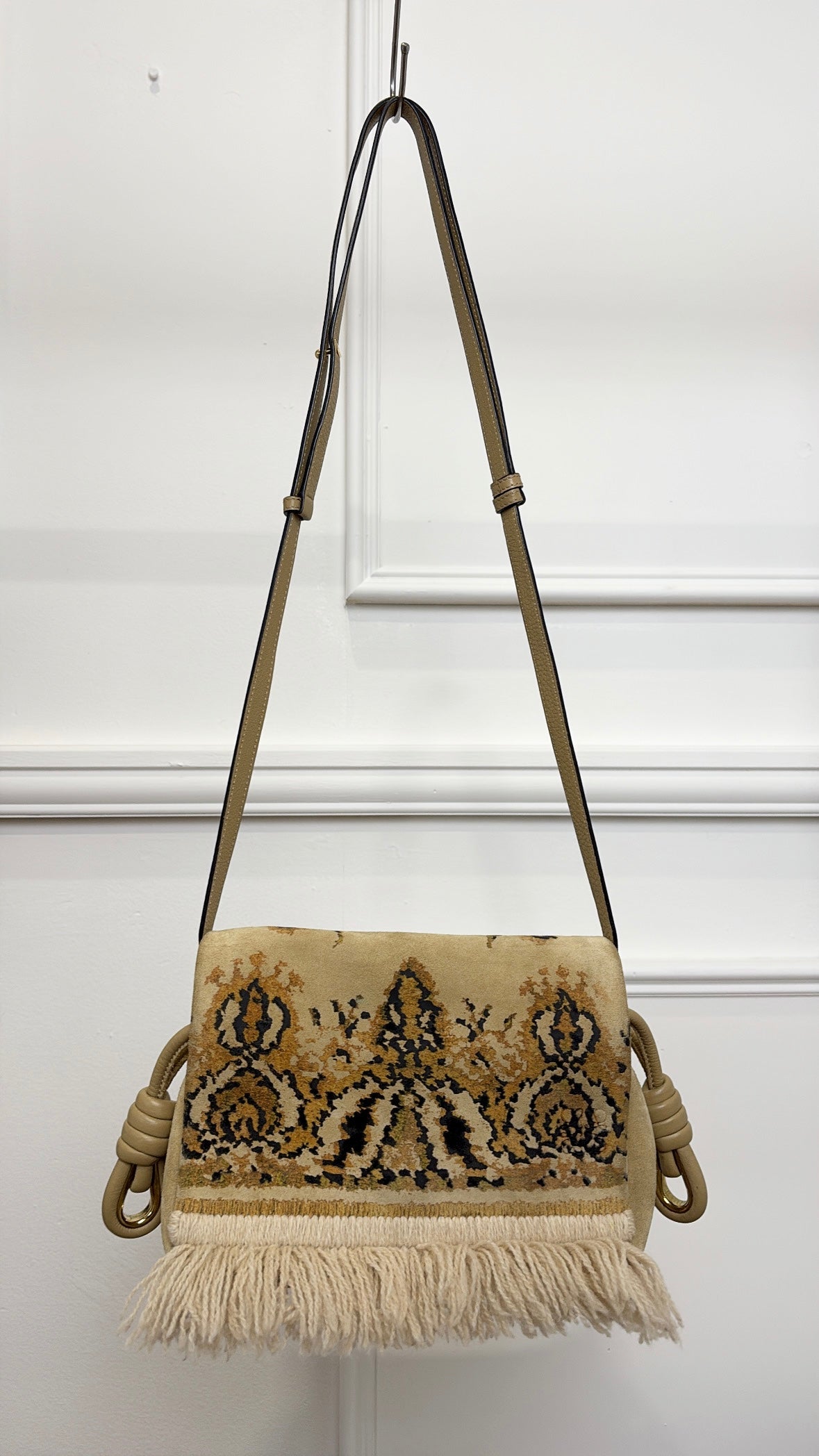 Loewe Tapestry Print Suede Fringed Flamenco Bag