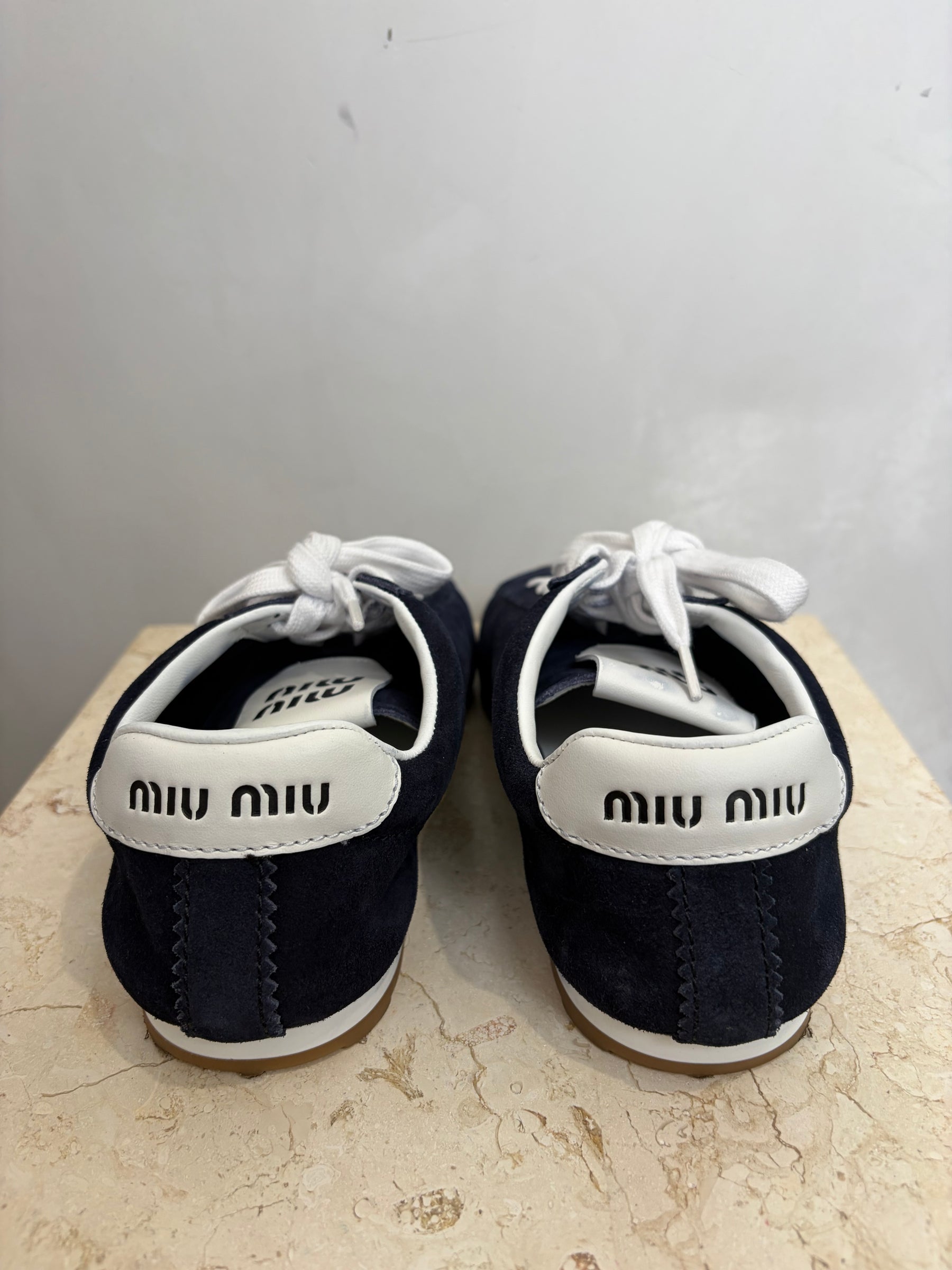 Miu Miu Navy Suede Logo Sneaker, 38