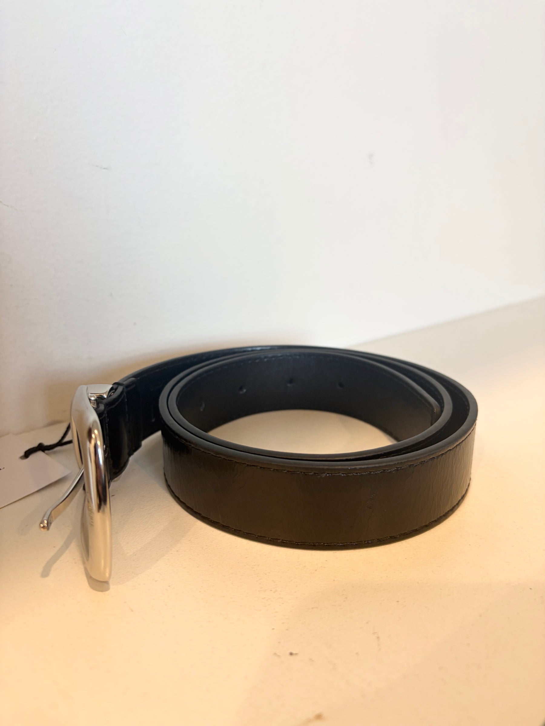 Maje Black Leather Belt with Silver Buckle, 1