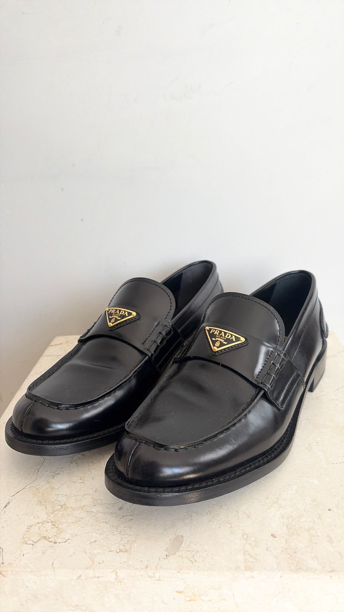 Prada Black Brushed Leather Logo Loafer, 37.5