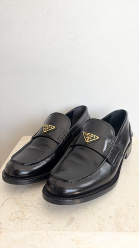 Prada Black Brushed Leather Logo Loafer, 37.5
