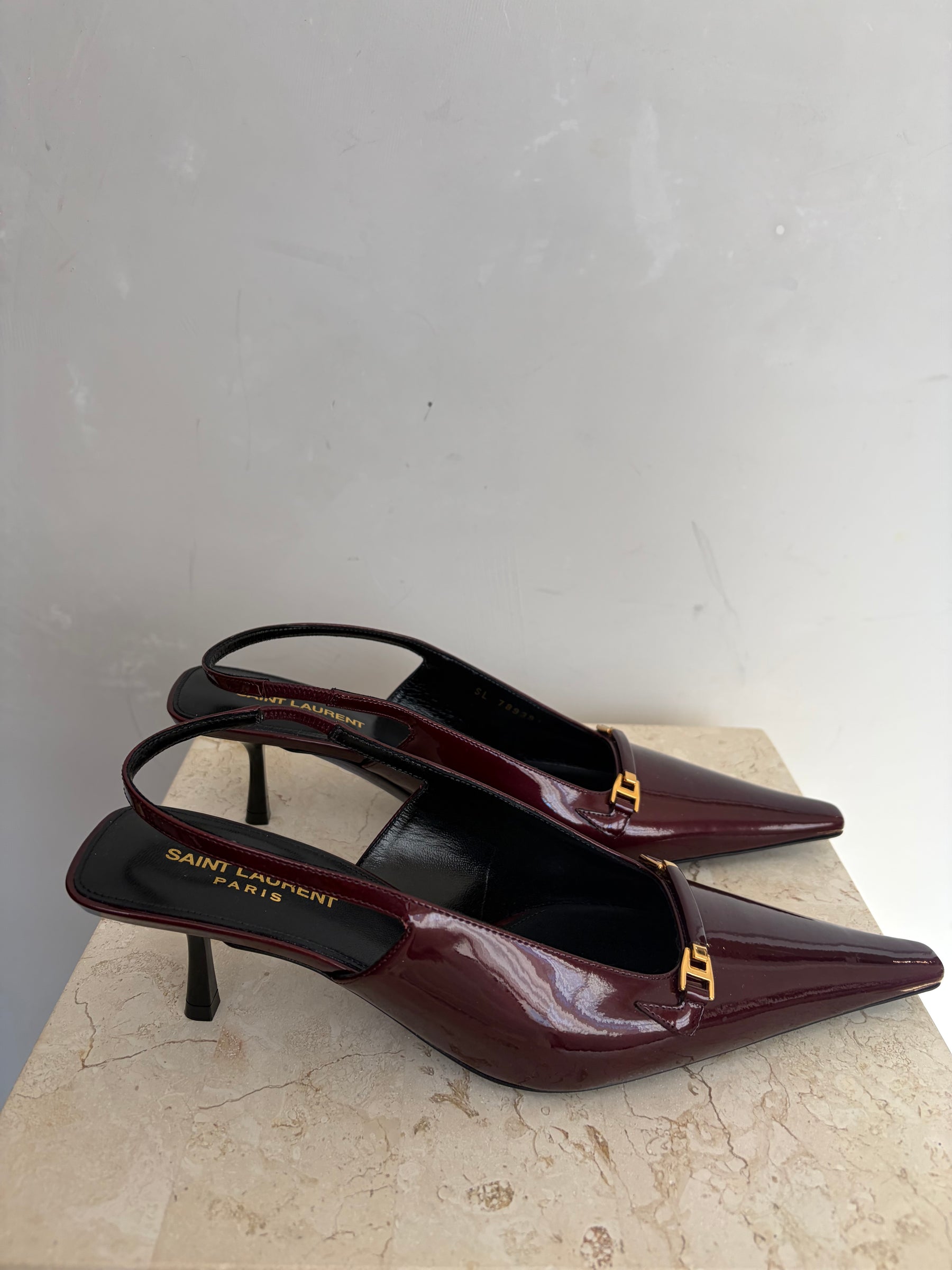 Saint Laurent Burgundy Patent Leather Pointed Carine Slingback Pumps, 38.5