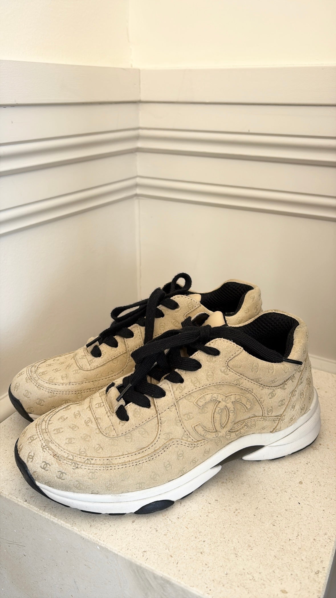 Chanel Beige Suede Logo Embossed Trainers, 38