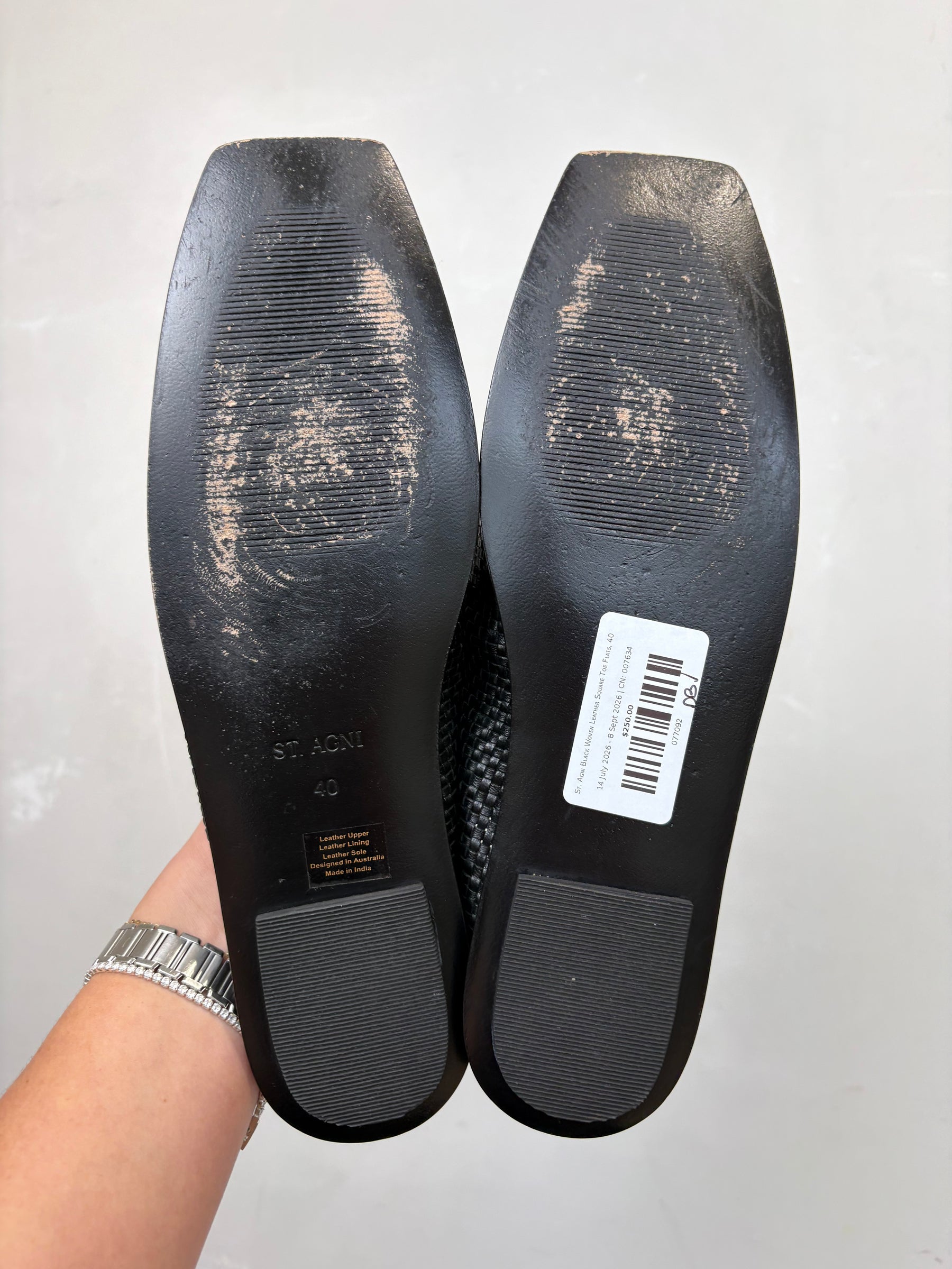 St. Agni Black Woven Leather Square Toe Flats, 40