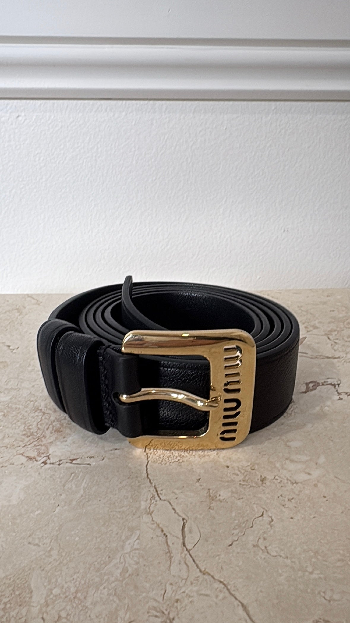 Miu Miu Black Leather Belt Gold Tone Hardware, 36/90