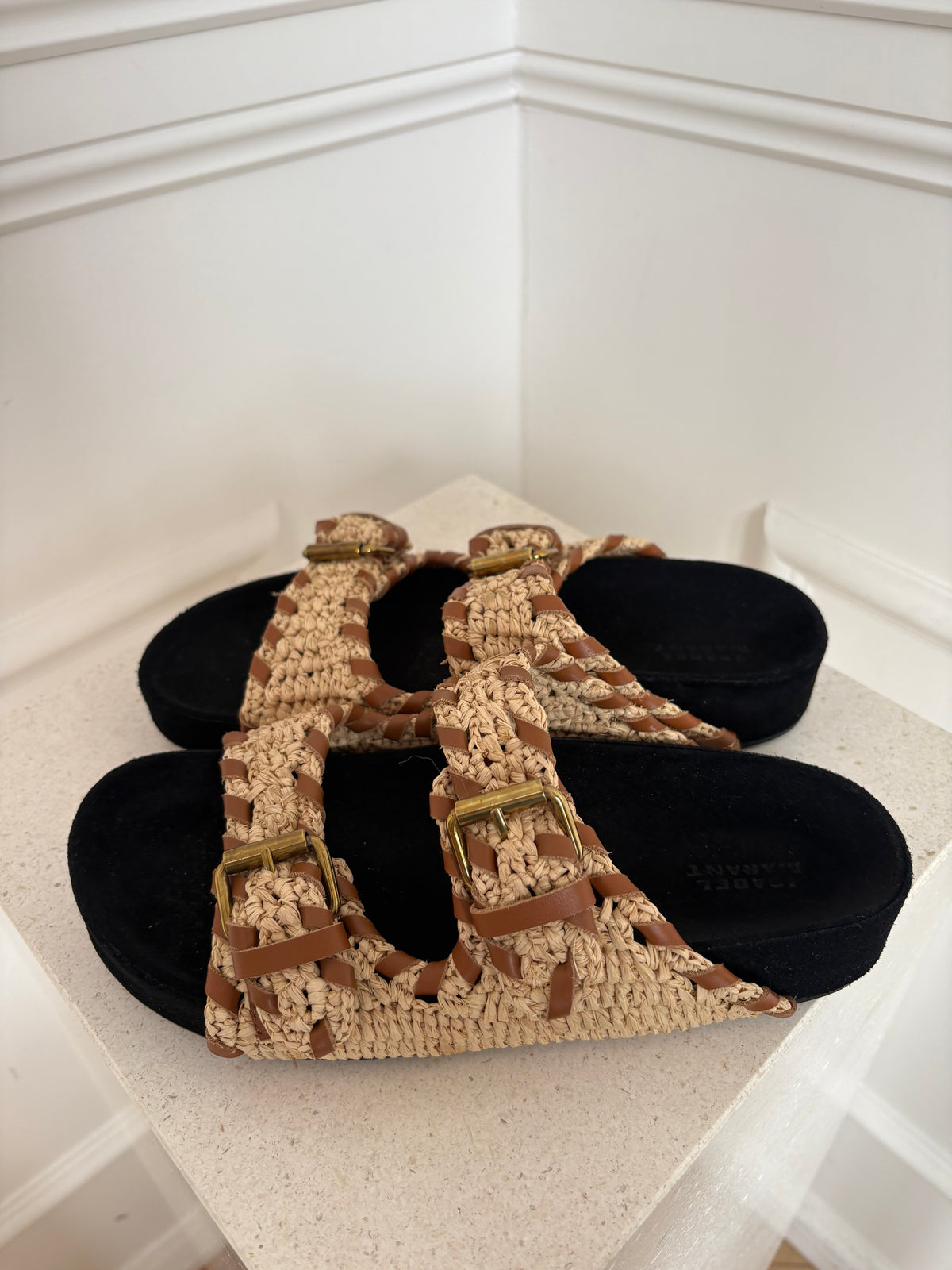 Isable Marant Lennyo Leather Trimmed Woven Raffia Sandals, 39