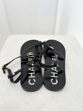 Chanel Black Leather Logo Strappy Sandal, 38