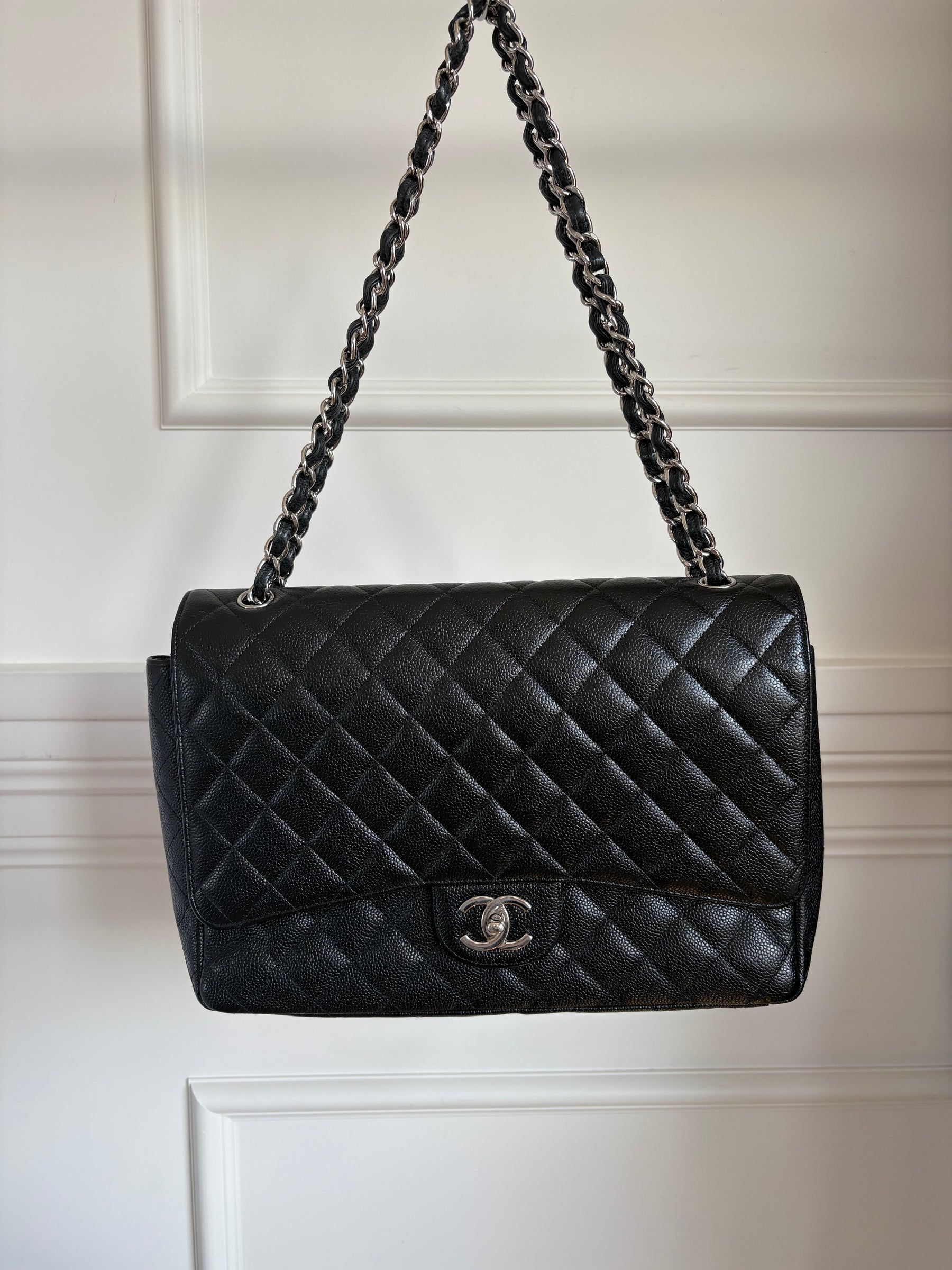 Chanel Caviar Leather Double Flap Maxi Bag Silver Hardware