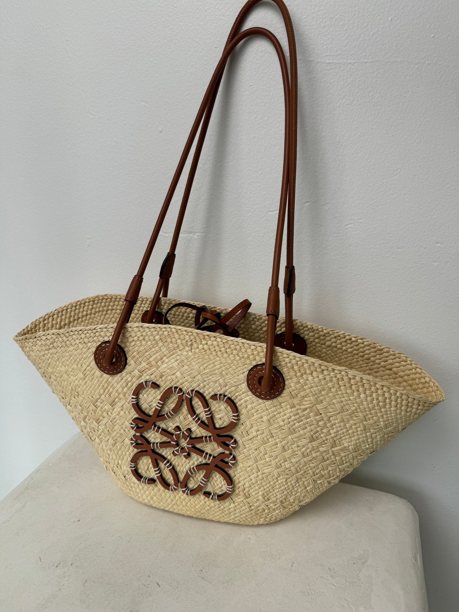 Loewe Paula's Ibiza Anagram Small Leather Trimmed Woven Raffia Tote